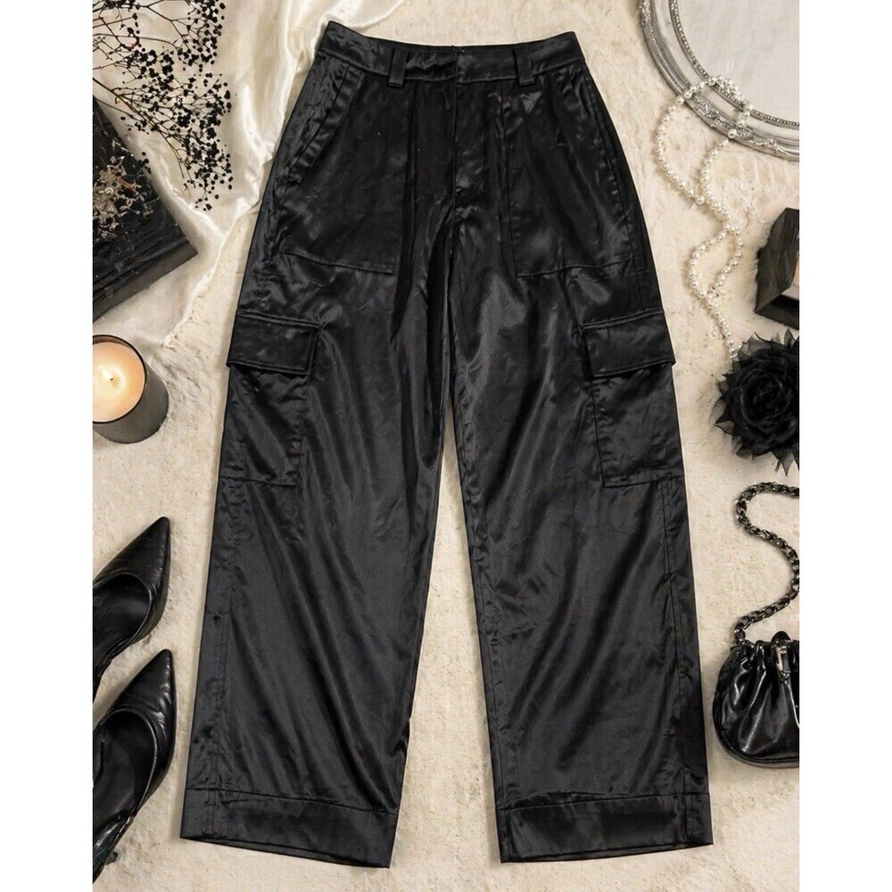 Old Navy Satin Cargo Pants Size 6 Black High Rise Wide Leg Street Style NWT